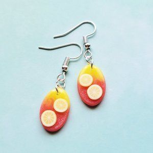 Strawberry Lemonade Earrings Yellow and Pinkish Red Oval Lemon Dangle Earrings